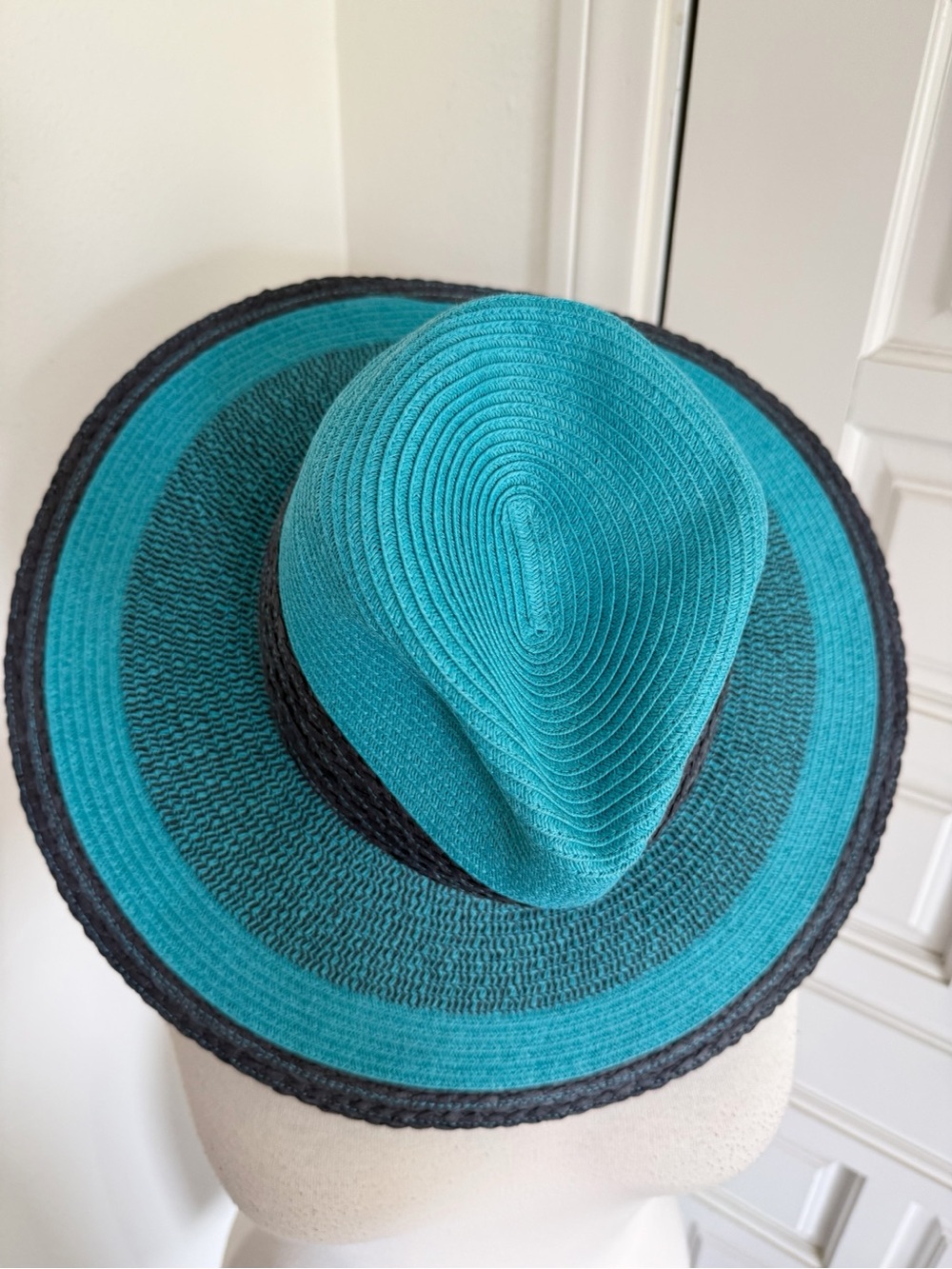 Halogen Tweed Straw Panama Hat Colorblock Teal Black Wide-Brim Sun Protection